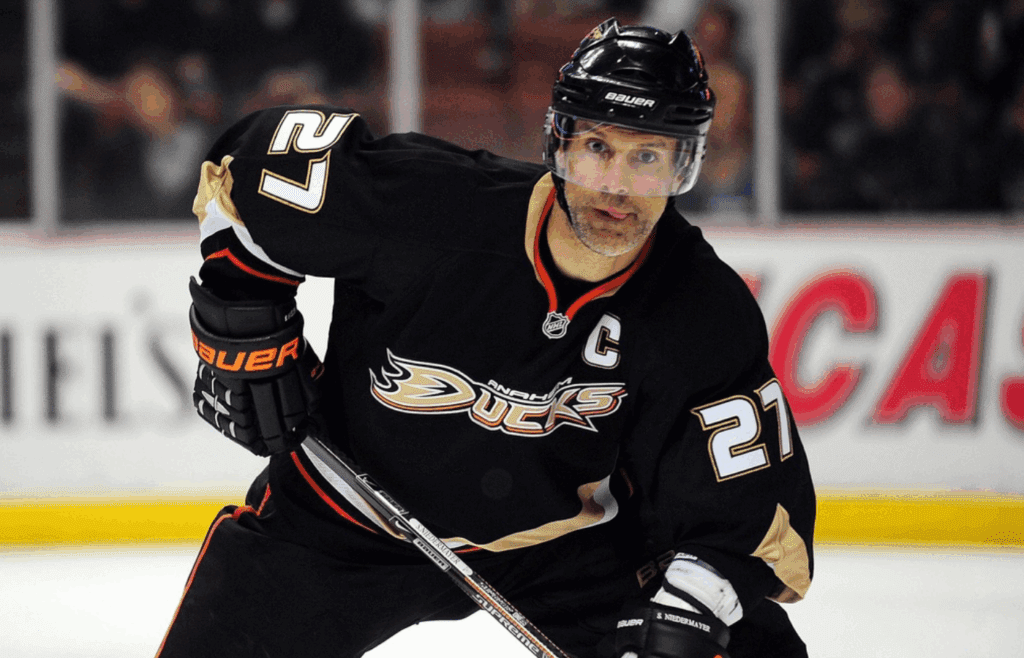 March 29, 2010; Anaheim, CA, USA; Anaheim Ducks defenseman Scott Niedermayer (27) during a face off against the Dallas Stars during the first period at the Honda Center. Mandatory Credit: Gary A. Vasquez-Imagn Images