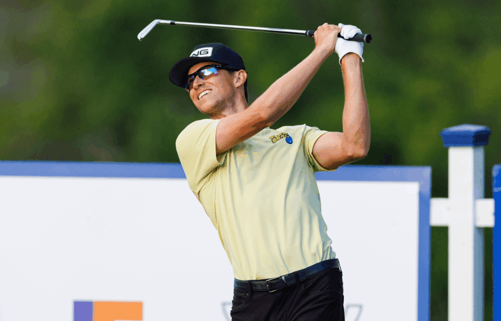 Jul 9, 2022; Nicholasville, Kentucky, USA; Brandon Hagy plays his shot from the second tee during the third round of the Barbasol Championship golf tournament. Mandatory Credit: Jordan Prather-Imagn Images