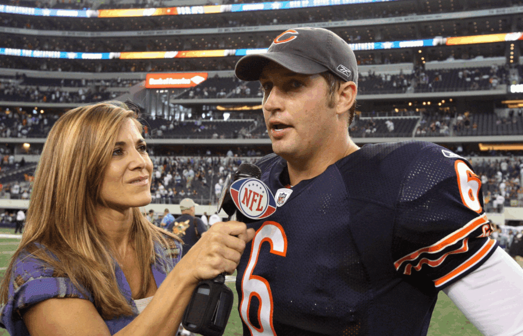 Sep 19, 2010; Arlington, TX, USA; Chicago Bears quarterback Jay Cutler (6) is interviewed by NFL network reporter Kara Hendeson against the Dallas Cowboys at Cowboys Stadium. The Bears beat the Bears 27-20. Mandatory Credit: Matthew Emmons-Imagn Images