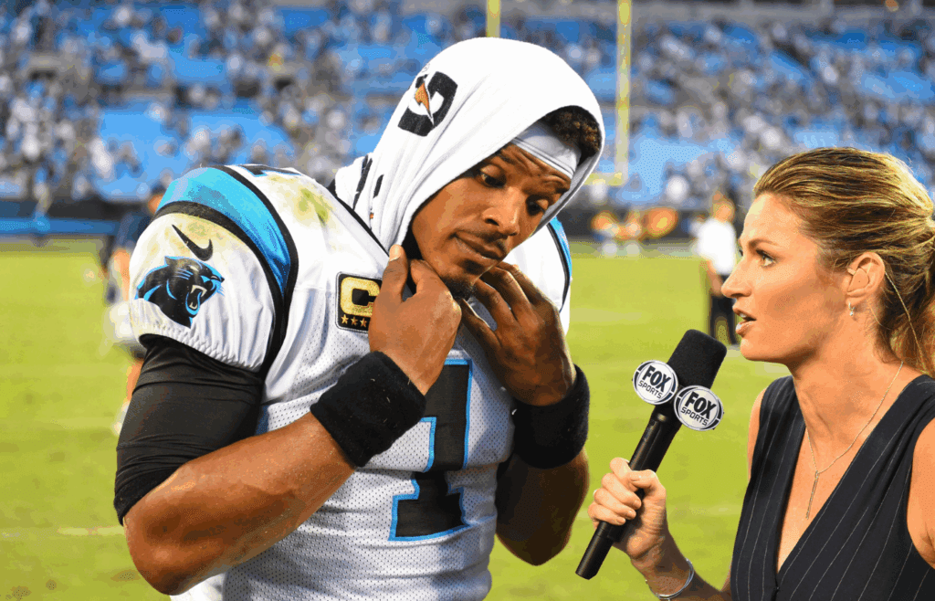 Sep 9, 2018; Charlotte, NC, USA; Carolina Panthers quarterback Cam Newton (1) is interviewed by Fox Sports reporter Erin Andrews after the game at Bank of America Stadium. Mandatory Credit: Bob Donnan-Imagn Images
