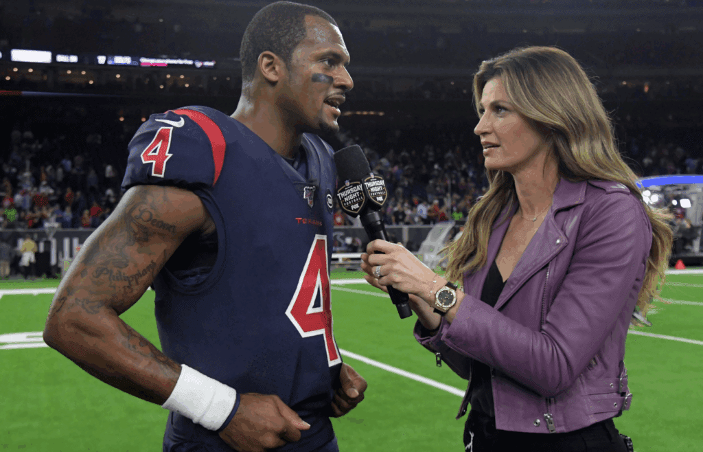 Nov 21, 2019; Houston, TX, USA; Houston Texans quarterback Deshaun Watson (4) is interviewed by Fox Sports sidelines reporter Erin Andrews after the game against the Indianapolis Colts at NRG Stadium. The Texans defeated the Colts 20-17. Mandatory Credit: Kirby Lee-Imagn Images