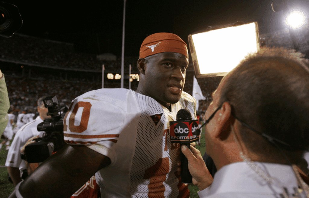 Sep 10, 2005; Columbus, OH, USA; Texas Longhorns quarterback Vince Young (10) gives an interview after a victory against the Ohio State Buckeyes at Ohio Stadium. Longhorns beat the Buckeyes 25-22. Mandatory Credit: Matthew Emmons- Imagn Images
