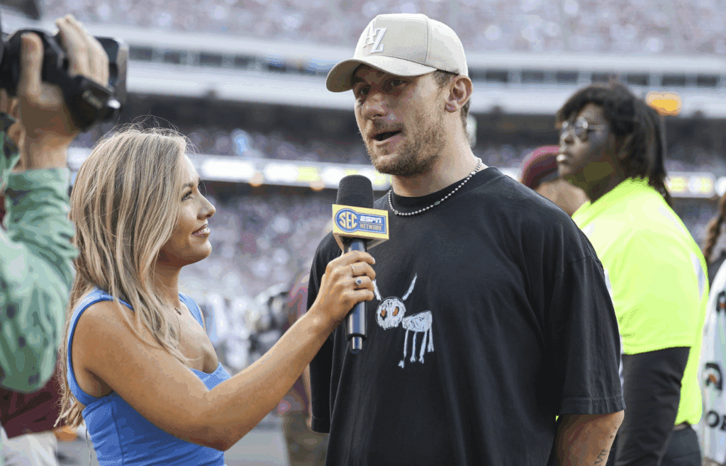 Sep 16, 2023; College Station, Texas, USA; Former Texas A&M Aggies player Johnny Manziel is interviewed during the game between the Aggies and Louisiana Monroe Warhawks at Kyle Field. Mandatory Credit: Troy Taormina-Imagn Images