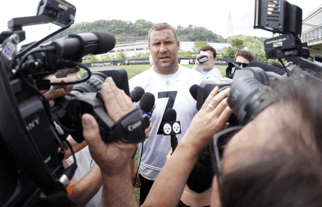 May 21, 2013; Pittsburgh, PA, USA; Pittsburgh Steelers quarterback Ben Roethlisberger (7) is interviewed by members of the media after participating in organized team activities at the UPMC Sports Complex. Mandatory Credit: Charles LeClaire-Imagn Images