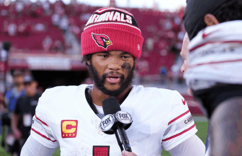 Oct 6, 2024; Santa Clara, California, USA; Arizona Cardinals quarterback Kyler Murray (1) is interviewed after defeating the San Francisco 49ers at Levi's Stadium. Mandatory Credit: Darren Yamashita-Imagn Images