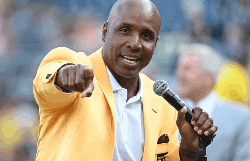 Aug 24, 2024; Pittsburgh, Pennsylvania, USA; Barry Bonds addresses the fans after being inducted into the Pittsburgh Pirates Hall of Fame at PNC Park. Mandatory Credit: Philip G. Pavely-Imagn Images