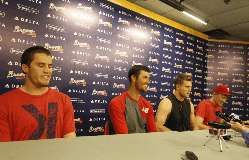 Sep 1, 2014; Atlanta, GA, USA; Philadelphia Phillies relief pitcher Ken Giles (53), starting pitcher Cole Hamels (35), relief pitcher Jonathan Papelbon (58), and relief pitcher Jake Diekman (63) are interviewed after a combined no-hitter against the Atlanta Braves at Turner Field. Mandatory Credit: Brett Davis-Imagn Images
