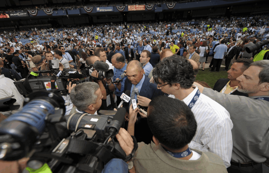 July 14, 2008; Bronx, NY, USA; New York Yankees former player Reggie Jackson is interviewed during All Star workout day at Yankee Stadium. Mandatory Credit: Scott Rovak-Imagn Images