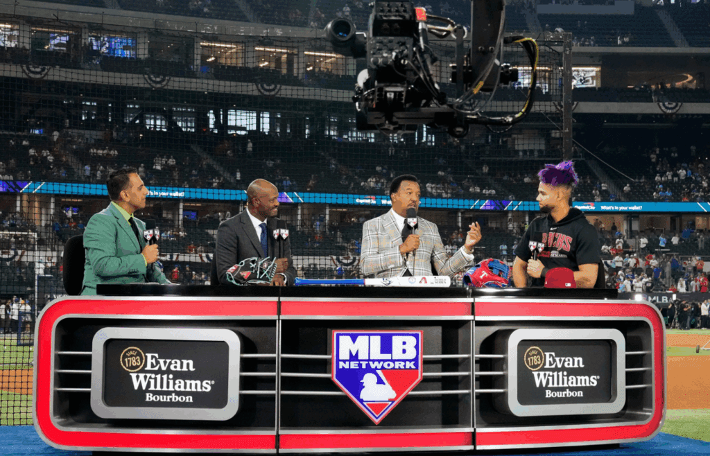 Pedro Martinez interviews Arizona Diamondbacks left fielder Lourdes Gurriel Jr. prior to Game 2 of the 2023 World Series at Globe Life Field on Oct. 28, 2023, in Arlington, Texas.