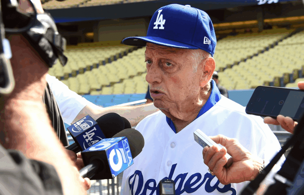 Jun 10, 2017; Los Angeles, CA, USA; Los Angeles Dodgers former manager Tommy Lasorda is interviewed by the media as he attends the annual Old Timers Game at Dodger Stadium. Mandatory Credit: Jayne Kamin-Oncea-Imagn Images