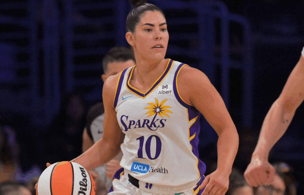 Jul 10, 2025; Los Angeles, California, USA; Los Angeles Sparks guard Kelsey Plum (10) handles the ball in the second half against the Minnesota Lynx at Crypto.com Arena. Mandatory Credit: Jayne Kamin-Oncea-Imagn Images