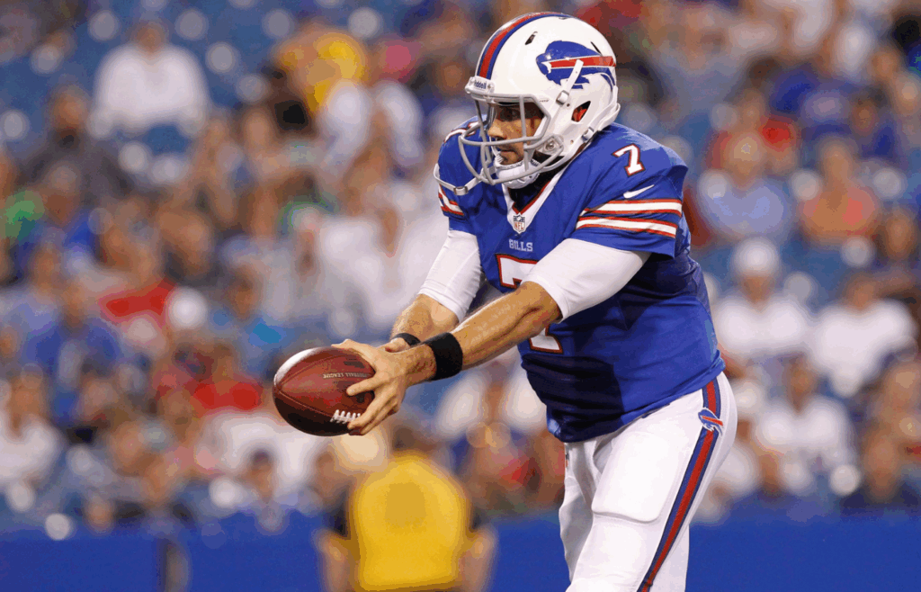 Aug 29, 2013; Orchard Park, NY, USA; Buffalo Bills quarterback Matt Leinart (7) during the game against the Detroit Lions at Ralph Wilson Stadium. The Lions beat the Bills 35-13. Mandatory Credit: Kevin Hoffman-Imagn Images