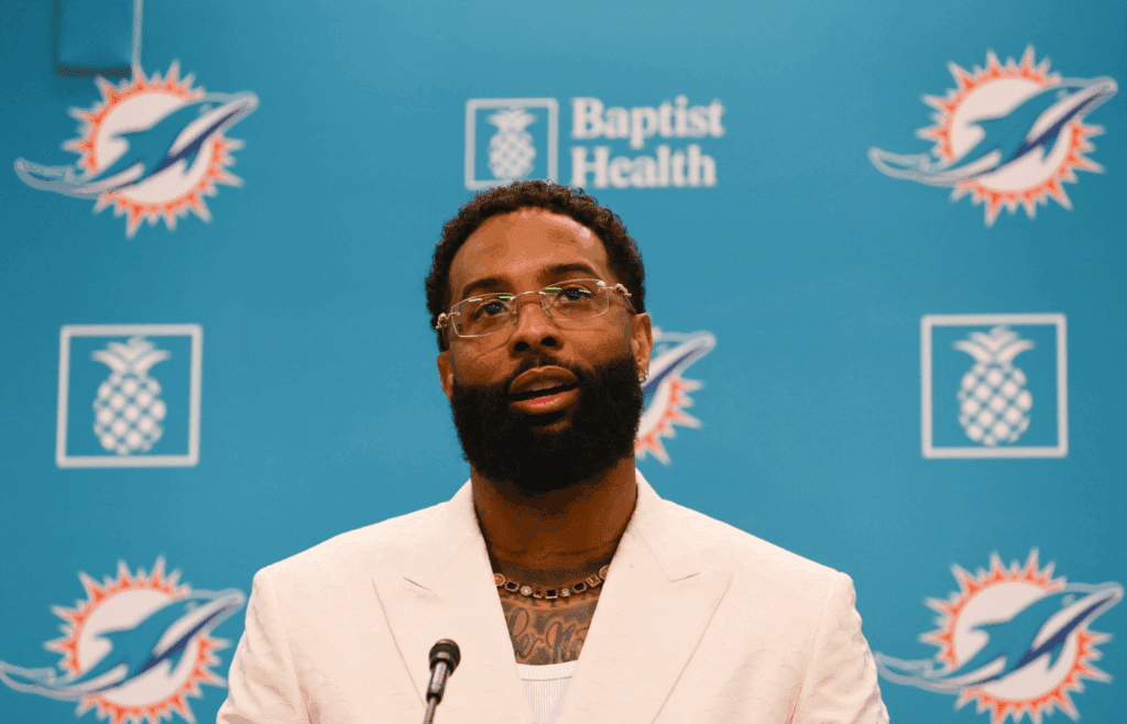 May 15, 2024; Miami Gardens, FL, USA; Miami Dolphins wide receiver Odell Beckham Jr. speaks to the media during an introductory press conference at Baptist Health Training Complex. Mandatory Credit: Sam Navarro-Imagn Images