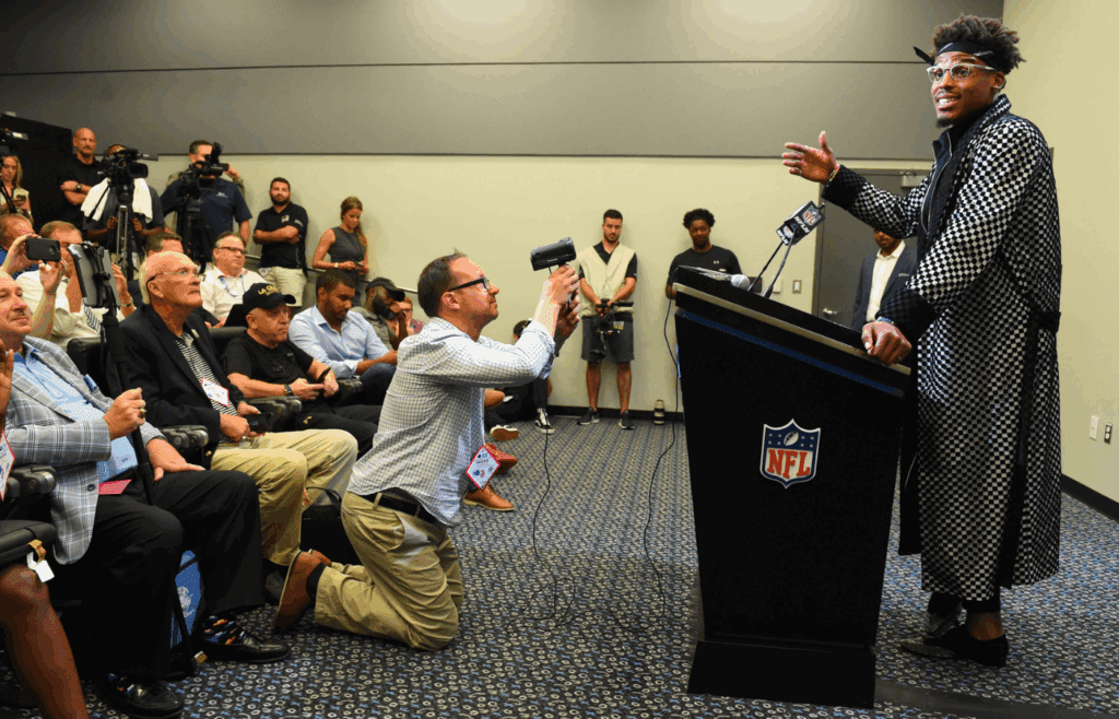 Sep 9, 2018; Charlotte, NC, USA; Carolina Panthers quarterback Cam Newton (1) in the press conference after the game at Bank of America Stadium. Mandatory Credit: Bob Donnan-Imagn Images