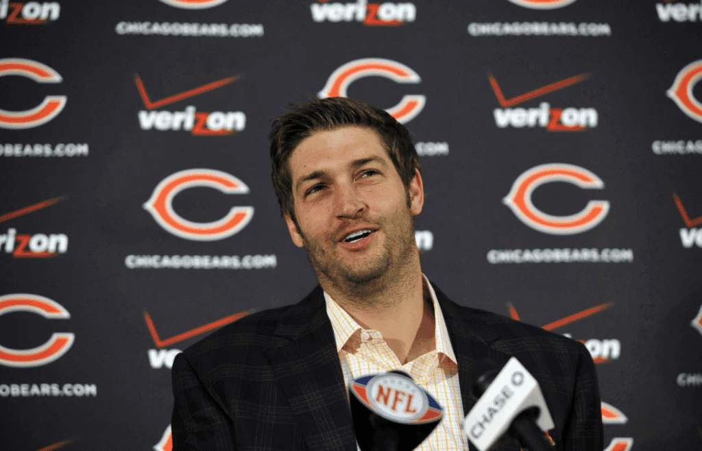 March 16, 2012; Lake Forest, IL, USA; Chicago Bears quarterback Jay Cutler speaks at a press conference on the signings of wide receiver Brandon Marshall (not pictured)and quarterback Jason Campbell (not pictured) at Halas Hall. Mandatory Credit: David Banks-Imagn Images