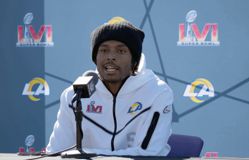 Feb 11, 2022; Thousand Oaks, CA, USA; Los Angeles Rams safety Jalen Ramsey during press conference at Cal Lutheran University. Mandatory Credit: Kirby Lee-Imagn Images