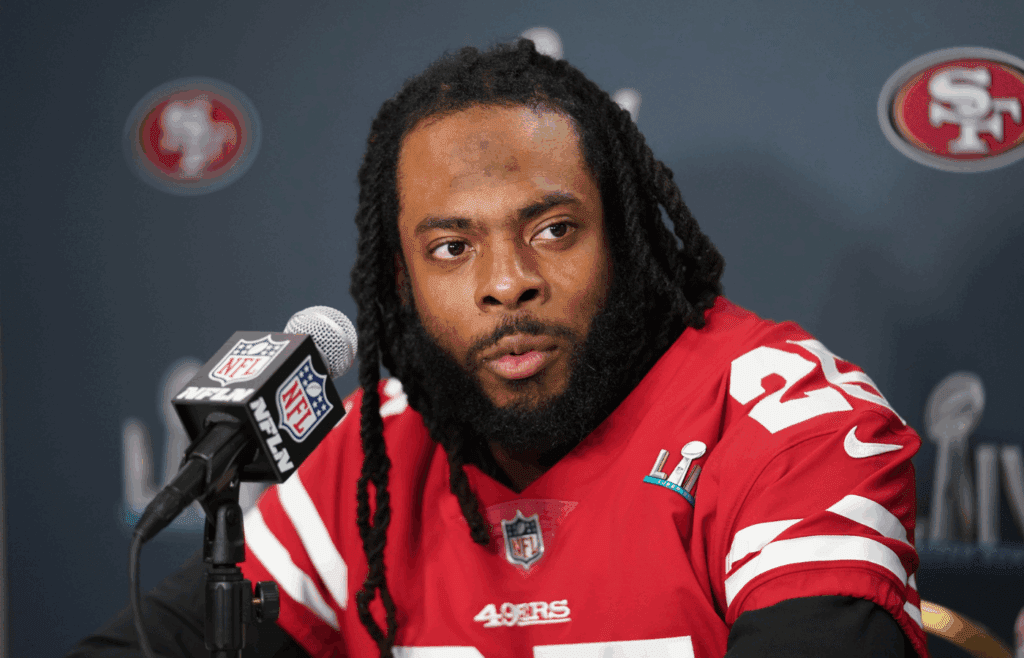 Jan 30, 2020; Miami, Florida, USA; San Francisco 49ers cornerback Richard Sherman during a press conference for Super Bowl LIV at the Hyatt Regency. Mandatory Credit: Kirby Lee-Imagn Images
