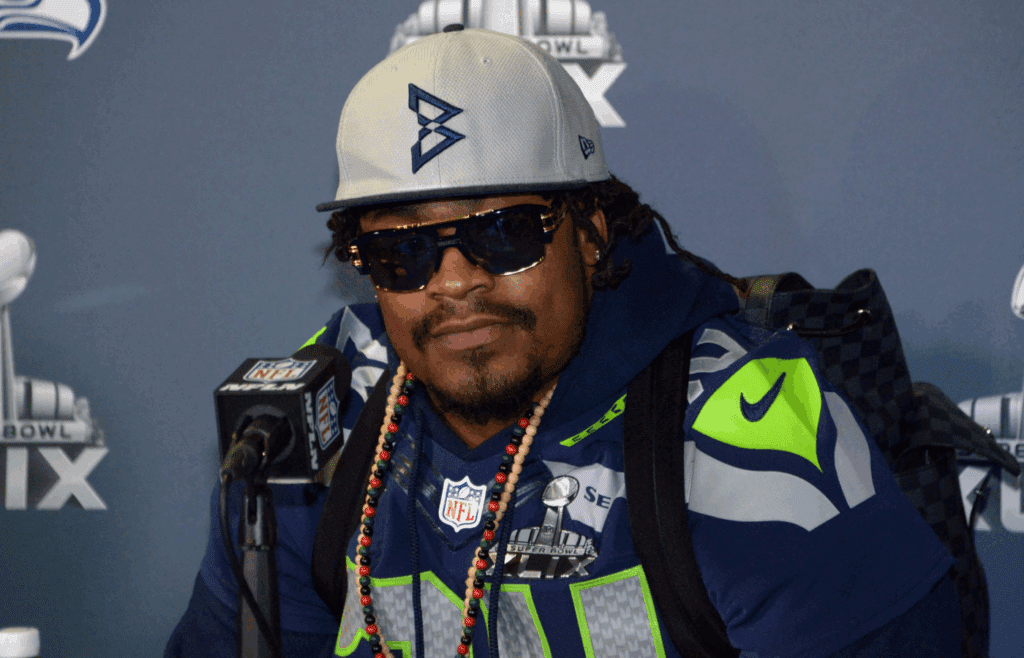Jan 29, 2015; Phoenix, AZ, USA; Seattle Seahawks running back Marshawn Lynch (24) at press conference at Arizona Grand in advance of Super Bowl XLIX. Mandatory Credit: Kirby Lee-Imagn Images
