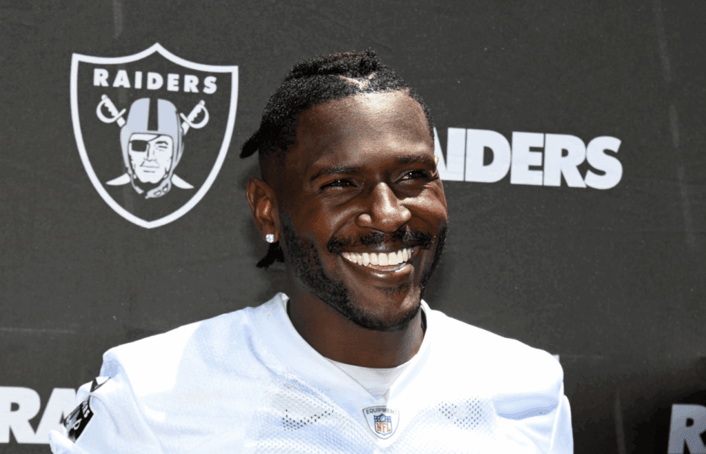 May 28, 2019; Alameda, CA, USA; Oakland Raiders receiver Antonio Brown (84) during organized team activities press conference s at the Raiders practice facility. Mandatory Credit: Kirby Lee-Imagn Images