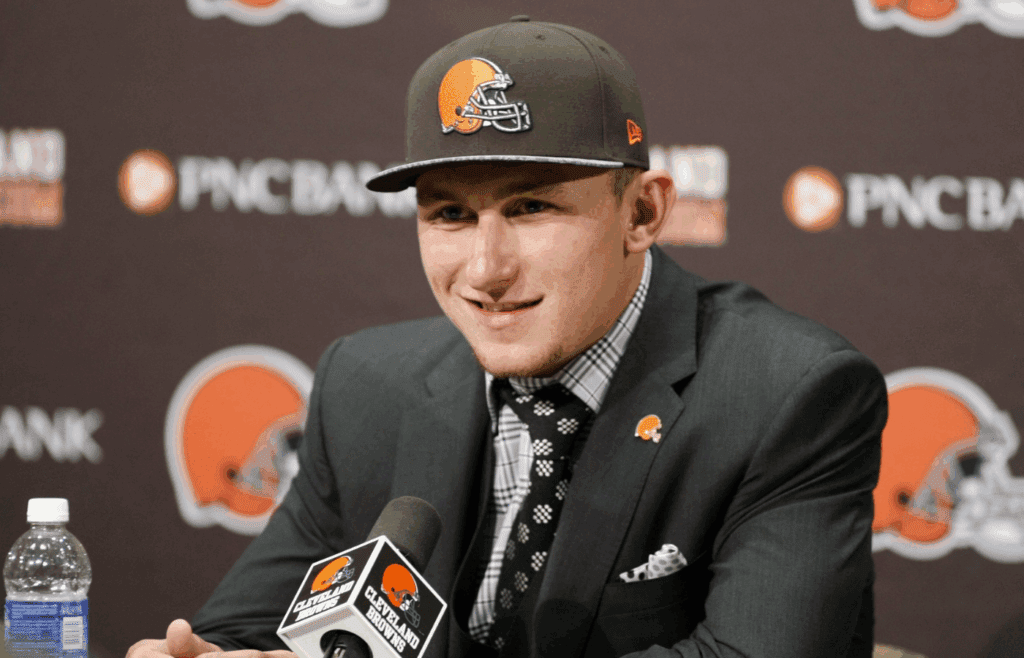 May 9, 2014; Berea, OH, USA; Cleveland Browns first round draft pick Johnny Manziel (Texas A&M) speaks during a press conference at the Cleveland Browns Headquarters. Mandatory Credit: Joe Maiorana-Imagn Images