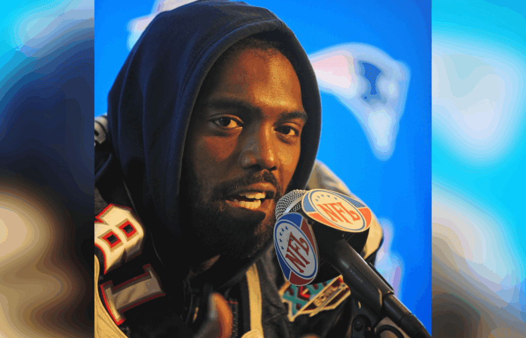 Jan 31, 2008; Scottsdale, AZ, USA; New England Patriots wide receiver Randy Moss answers questions during a team press conference at the Westin Kierland Resort. The New England Patriots will face the New York Giants Sunday February 3, 2008. Mandatory Credit: Mark J. Rebilas-Imagn Images