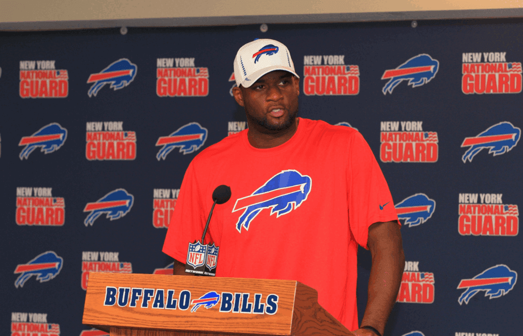 May 15, 2012; Orchard Park, NY, USA; Buffalo Bills quarterback Vince Young addresses the media during a press conference at Ralph Wilson Stadium. Mandatory Credit: Kevin Hoffman-Imagn Images