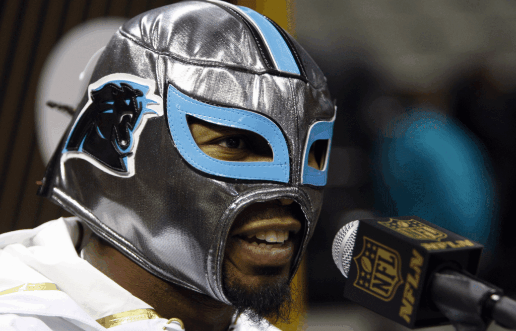 Feb 1, 2016; San Jose, CA, USA; Carolina Panthers cornerback Josh Norman is interviewed during Super Bowl 50 Opening Night media day at SAP Center. Mandatory Credit: Jerry Lai-Imagn Images