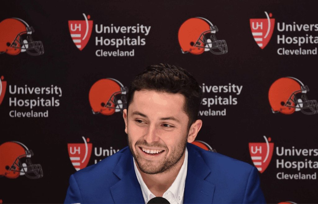 Apr 27, 2018; Berea, OH, USA; Cleveland Browns first round and overall number one pick in the NFL draft Baker Mayfield answers questions during a press conference at the Cleveland Browns training facility. Mandatory Credit: Ken Blaze-Imagn Images