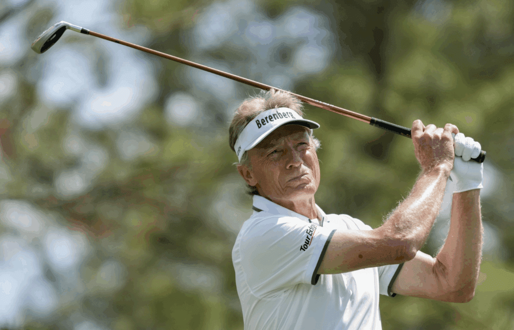 Apr 11, 2025; Augusta, Georgia, USA; Bernhard Langer tees off on no. 4 during the second round of the Masters Tournament at Augusta National Golf Club. Mandatory Credit: Grace Smith-Imagn Images