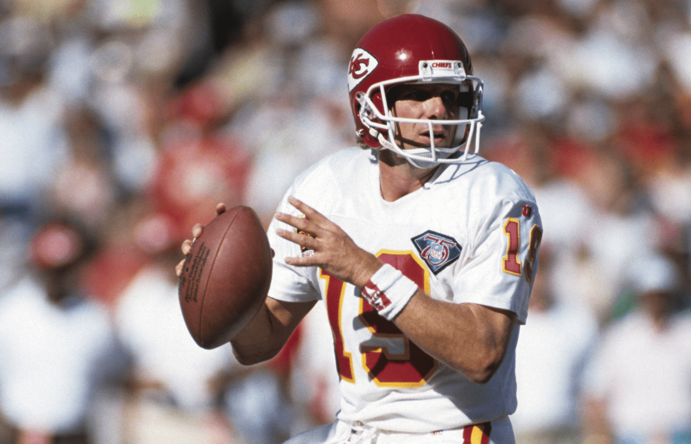 Oct 9, 1994; San Diego, CA, USA; FILE PHOTO; Kansas City Chiefs quarterback Joe Montana (19) in action against the San Diego Chargers at Jack Murphy Stadium. Mandatory Credit: Peter Brouillet-USA TODAY NETWORK