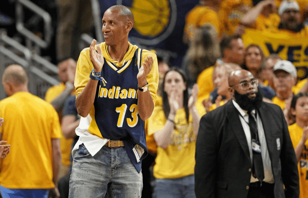 Jun 11, 2025; Indianapolis, Indiana, USA; Former Indiana Pacers player Reggie Miller celebrates during the third quarter of the game between the Indiana Pacers and the Oklahoma City Thunder in game three of the 2025 NBA Finals at Gainbridge Fieldhouse. Mandatory Credit: Kyle Terada-Imagn Images