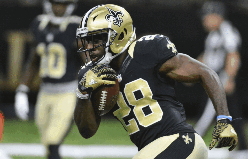 Sep 1, 2016; New Orleans, LA, USA; New Orleans Saints running back C.J. Spiller (28) warms up before the game against the Baltimore Ravens at the Mercedes-Benz Superdome. Mandatory Credit: Matt Bush-Imagn Images