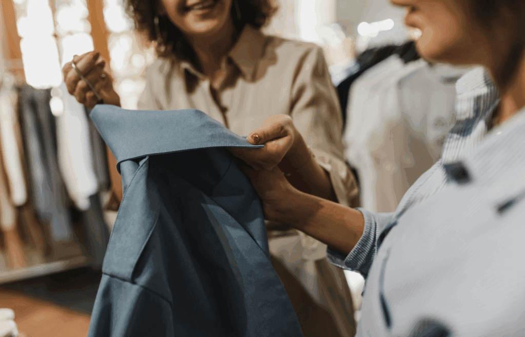 Employee showing premium shirt at luxury retail store