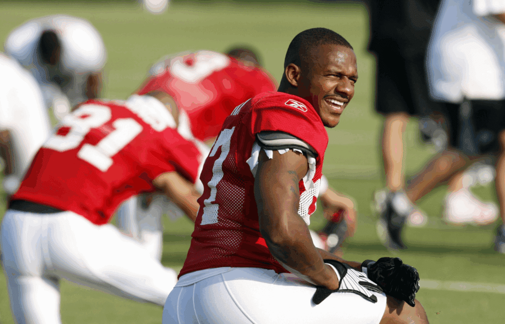 July 29, 2008; Flowerly Branch, GA, USA; Atlanta Falcons wide receiver (87) Joe Horn stretches before practice begins during training camp at the Falcons Training Complex. Mandatory Credit: Dale Zanine Imagn Images