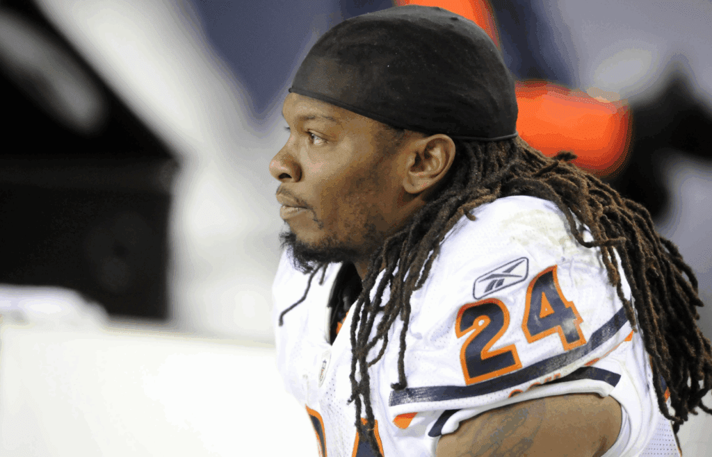 Dec 11, 2011; Denver, CO, USA; Chicago Bears running back Marion Barber (24) sits on the bench after a fumble during the game against Denver Broncos at Sports Authority Field. The Broncos defeated the Bears 13-10. Mandatory Credit: Ron Chenoy-Imagn Images