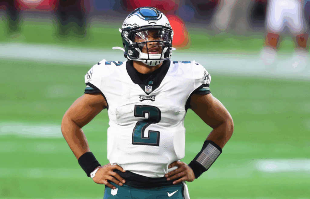 Dec 20, 2020; Glendale, Arizona, USA; Philadelphia Eagles quarterback Jalen Hurts (2) against the Arizona Cardinals at State Farm Stadium. Mandatory Credit: Mark J. Rebilas-Imagn Images