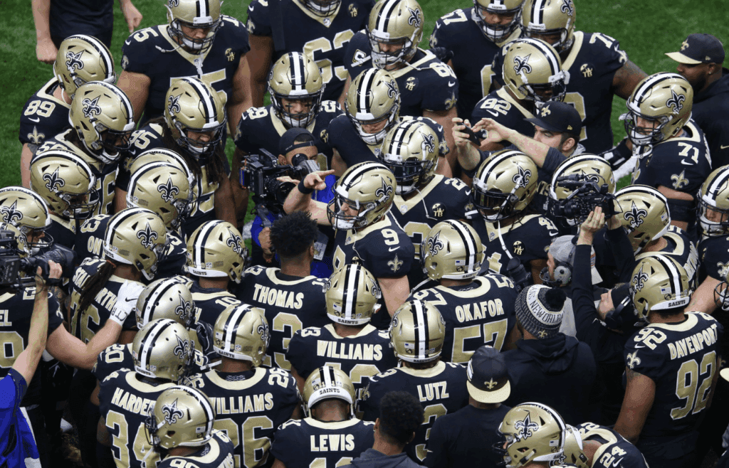 Jan 13, 2019; New Orleans, LA, USA; New Orleans Saints quarterback Drew Brees (9) huddles with teammates before a NFC Divisional playoff football game against the Philadelphia Eagles at Mercedes-Benz Superdome. Mandatory Credit: Chuck Cook-Imagn Images