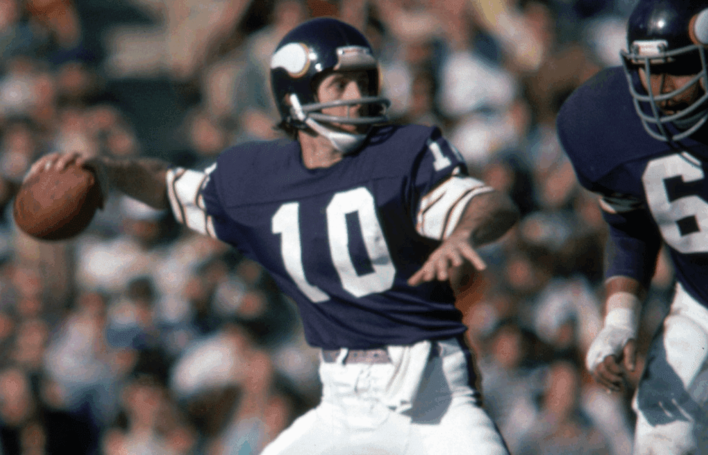 Jan 9, 1977; Pasadena, CA, USA; FILE PHOTO; Minnesota Vikings quarterback Fran Tarkenton (10) in action against the Oakland Raiders during Super Bowl XI at the Rose Bowl. The Raiders defeated the Vikings 32-14 giving the Raiders their first Super Bowl Championship. Mandatory Credit: Darryl Norenberg-Imagn Images