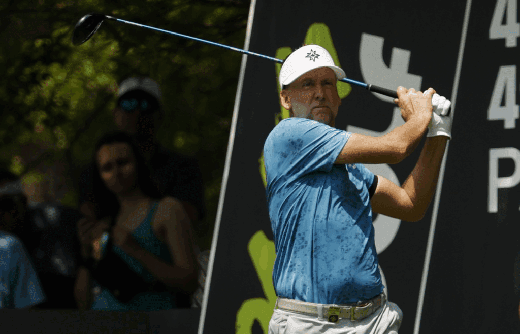 Jun 6, 2025; Gainesville, Virginia, USA; Ian Poulter of team Majesticks GC hits a tee shot on the third hole during the first round of the LIV Golf Virginia golf tournament at Robert Trent Jones Golf Club. Mandatory Credit: Geoff Burke-Imagn Images