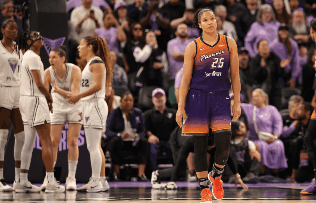 Jul 14, 2025; San Francisco, California, USA; Phoenix Mercury forward Alyssa Thomas (25) between plays against the Golden State Valkyries during the fourth quarter at Chase Center. Mandatory Credit: Kelley L Cox-Imagn Images