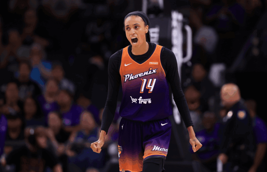 Jul 9, 2025; Phoenix, Arizona, USA; Phoenix Mercury forward DeWanna Bonner (14) reacts against the Minnesota Lynx during the second half at PHX Arena. Mandatory Credit: Mark J. Rebilas-Imagn Images