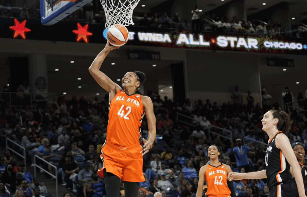 Jul 10, 2022; Chicago, Ill, USA; Team Wilson forward Candace Parker shoots during the second half in a WNBA All Star Game at Wintrust Arena. Mandatory Credit: David Banks-Imagn Images