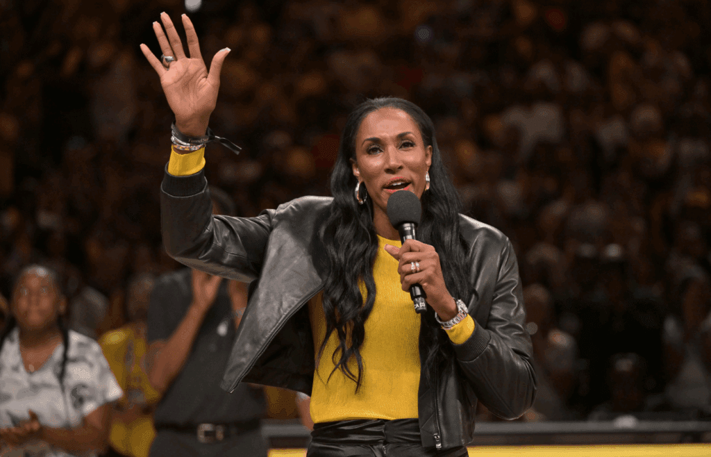 Jun 29, 2025; Los Angeles, California, USA; Former WNBA player Lisa Leslie introduces Candace Parker during her jersey retirement ceremony at halftime against the Chicago Sky at Crypto.com Arena. Mandatory Credit: Jayne Kamin-Oncea-Imagn Images
