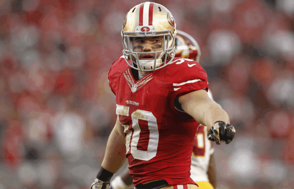 Nov 23, 2014; Santa Clara, CA, USA; San Francisco 49ers inside linebacker Chris Borland (50) stands on the field against the Washington Redskins in the fourth quarter at Levi's Stadium. The 49ers defeated the Redskins 17-13. Mandatory Credit: Cary Edmondson-Imagn Images