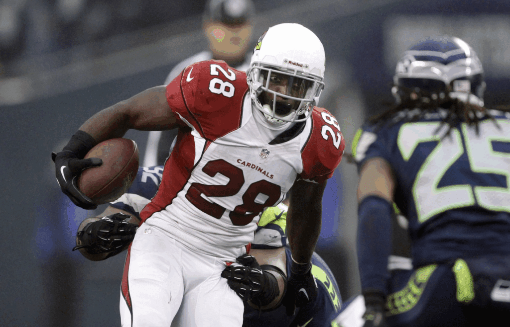 Dec 22, 2013; Seattle, WA, USA; Arizona Cardinals running back Rashard Mendenhall (28) rushes against the Seattle Seahawks during the second half at CenturyLink Field. Mandatory Credit: Joe Nicholson-Imagn Images