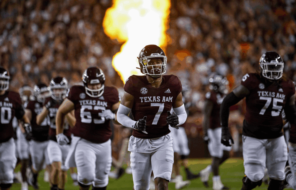 Sep 17, 2022; College Station, Texas, USA; The Texas A&M Aggies team takes the field before the game between the Texas A&M Aggies and the Miami Hurricanes at Kyle Field. Mandatory Credit: Jerome Miron-Imagn Images