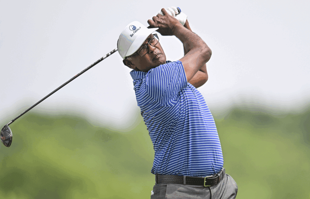 Jun 2, 2024; Des Moines, Iowa, USA; Vijay Singh tees off from the third hole during the final round of the Principal Charity Classic at Wakonda Club in Des Moines, Iowa. Mandatory Credit: Jeffrey Becker-Imagn Images