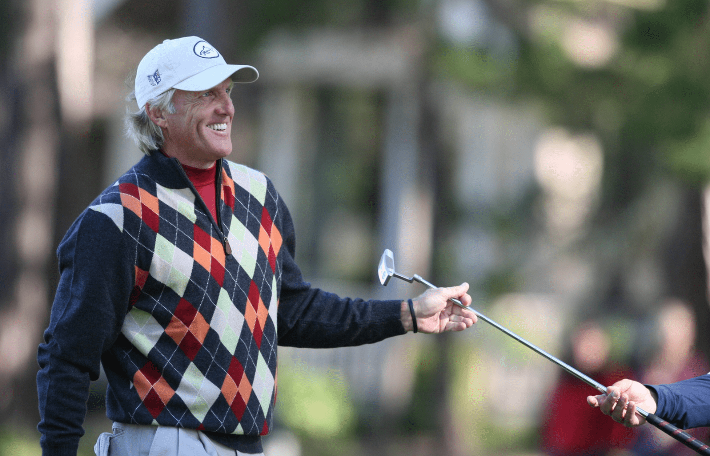 Feb. 8, 2008; Pebble Beach, CA, USA; Greg Norman smiles after making a putt on the 17th hole during the second round of the AT&T Pebble Beach National Pro-Am golf tournament at the Spyglass Hill in Pebble Beach, CA. Mandatory Credit: Kyle Terada-Imagn Images