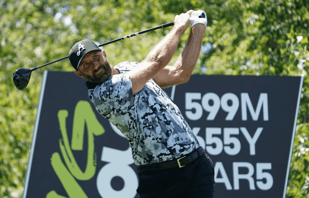 Jun 28, 2025; Carrollton, Texas, USA; Dustin Johnson plays his shot from the second tee during the second round of the LIV Golf Dallas golf tournament at Maridoe Golf Club. Mandatory Credit: Raymond Carlin III-Imagn Images