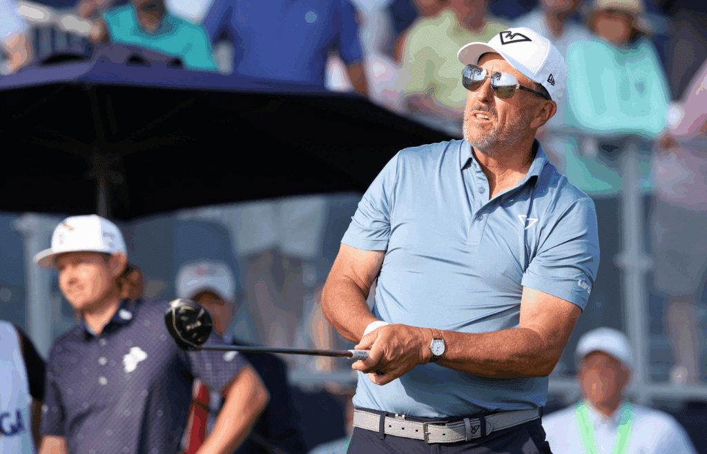 Jun 12, 2025; Oakmont, Pennsylvania, USA; Phil Mickelson watches after his shot from the tenth tee during the first round of the U.S. Open golf tournament. Mandatory Credit: Bill Streicher-Imagn Images